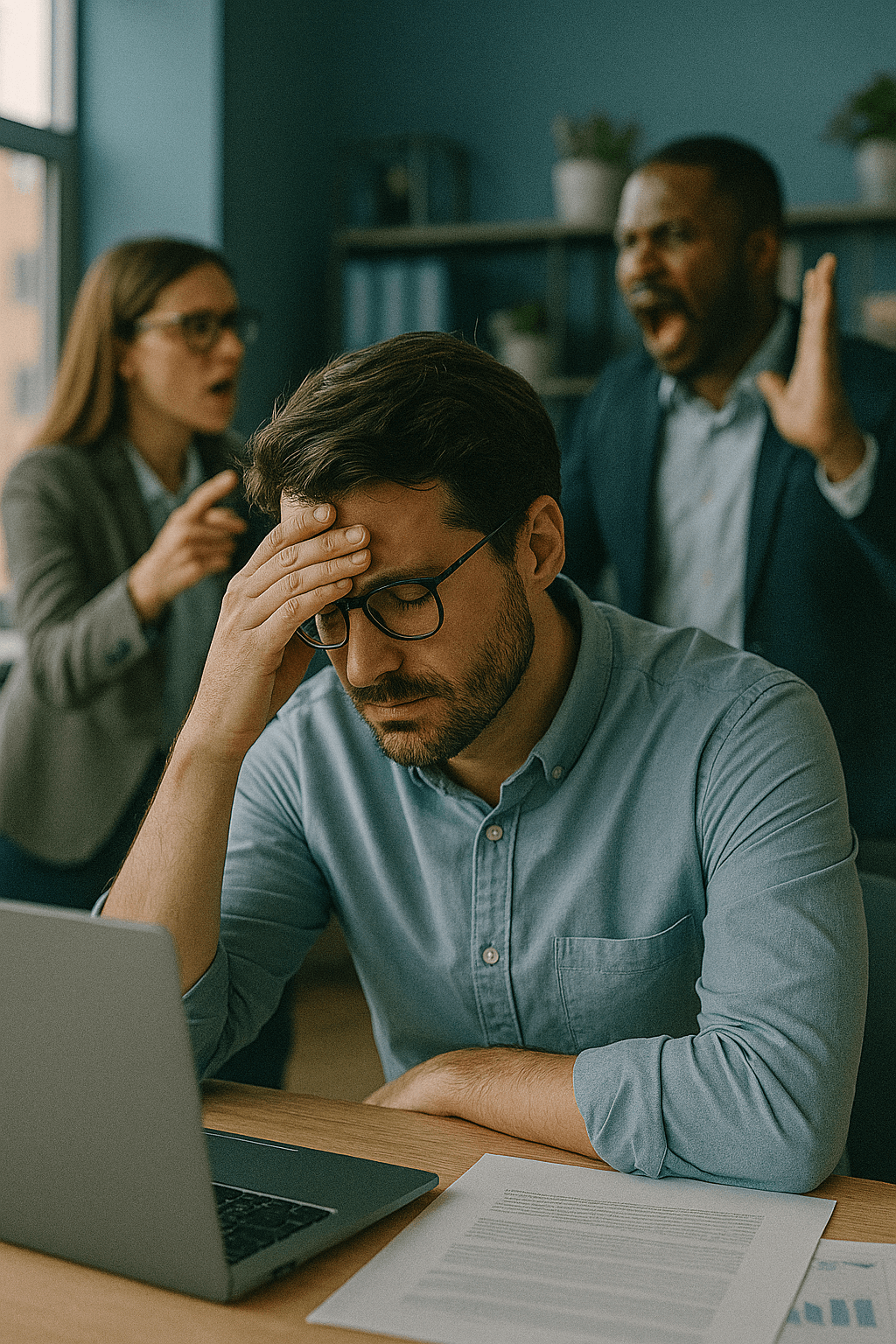 Homem tenso durante uma discussão em seu ambiente de trabalho