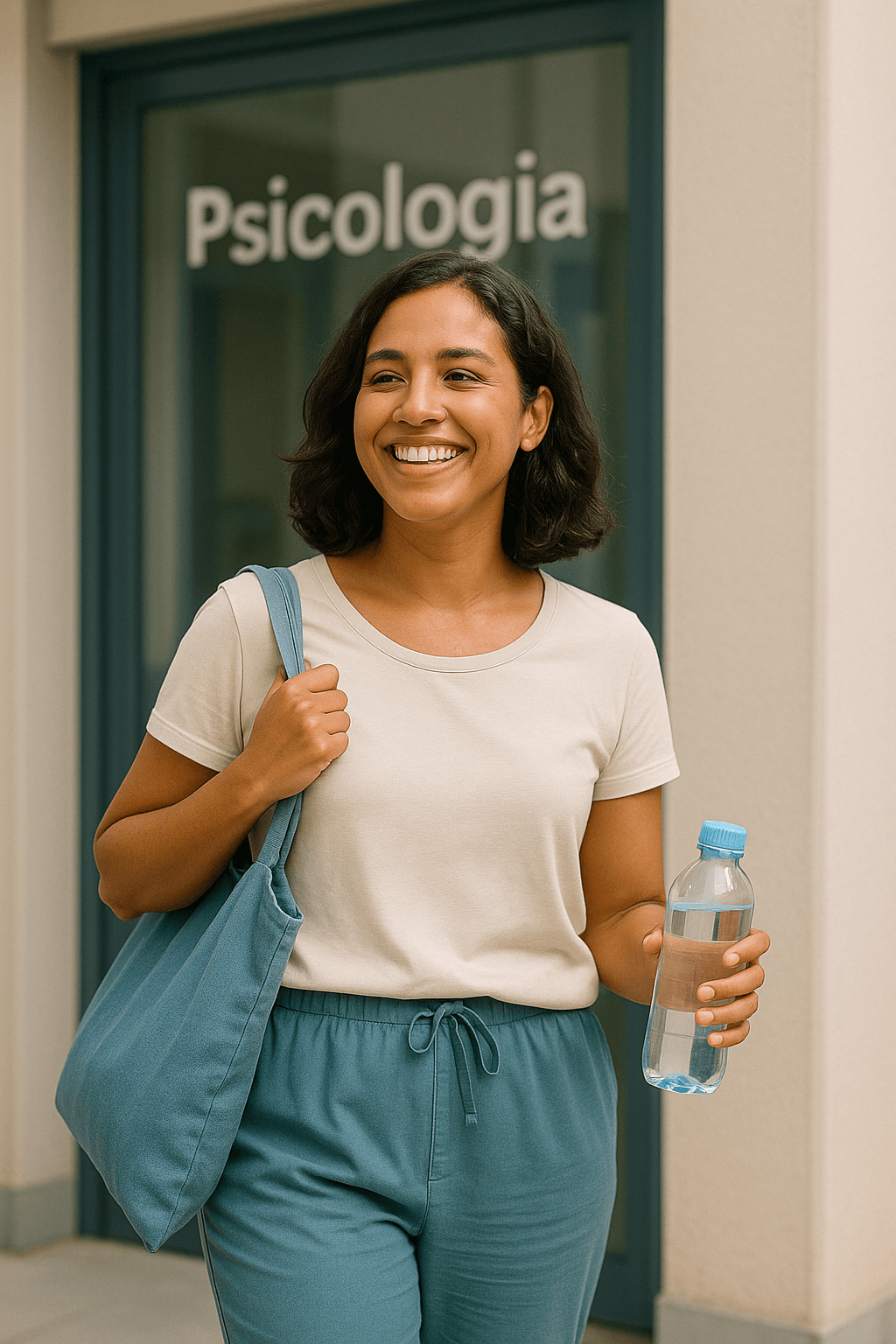 Moça saindo satisfeita após consulta psicológica